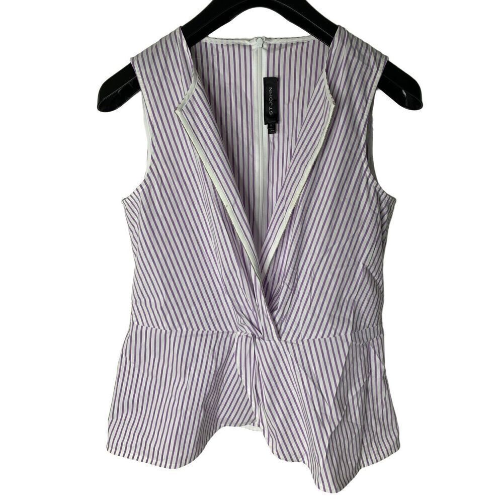 St. John sleeveless top purple white striped low cut v neck size small